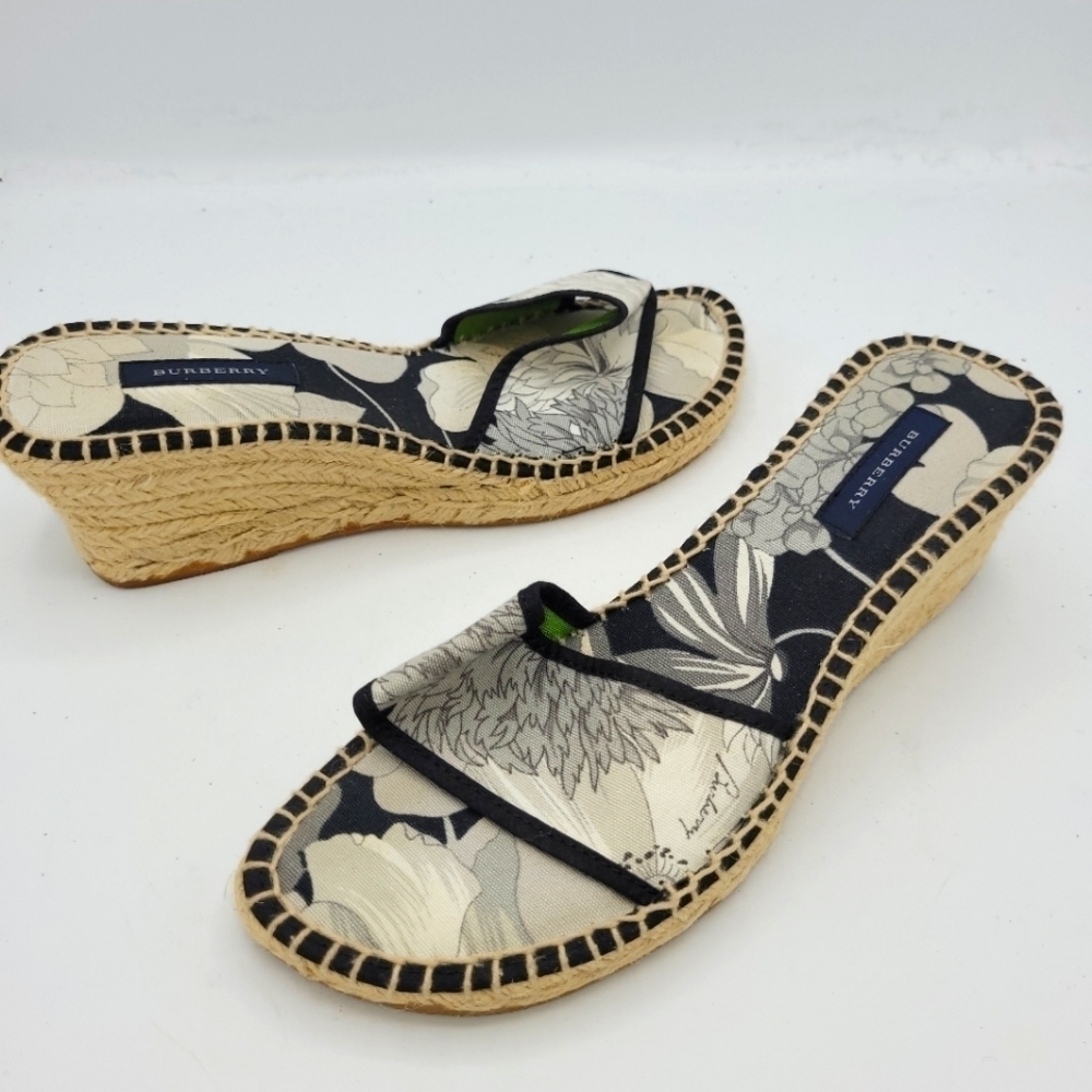 Burberry Floral Black and Cream Espadrille Wedges